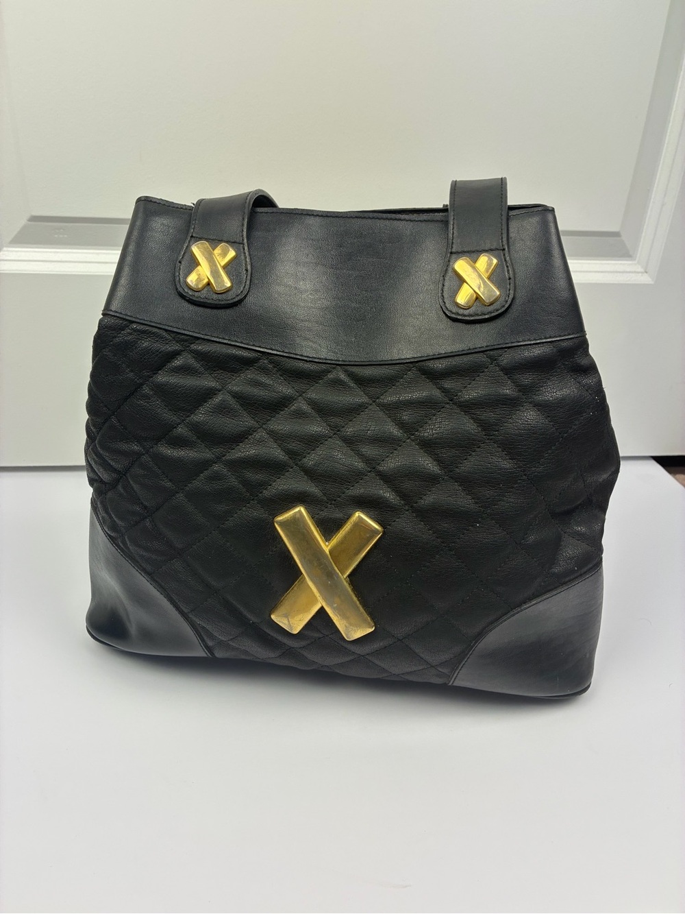 Black Quilted Leather Tote with Gold Hardware
